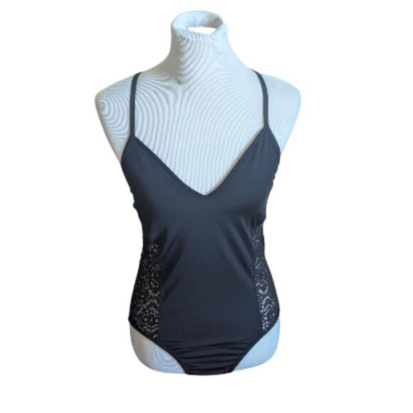Laundry by Shelli Segal Black Crochet Lace Up Back One Piece - Picture 1 of 4